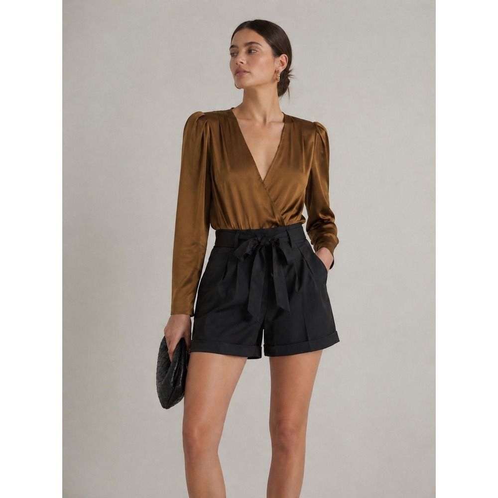 L'agence Brenda Silk Bodysuit Women's Medium Brown Wrap Front Long Sleeve Chic